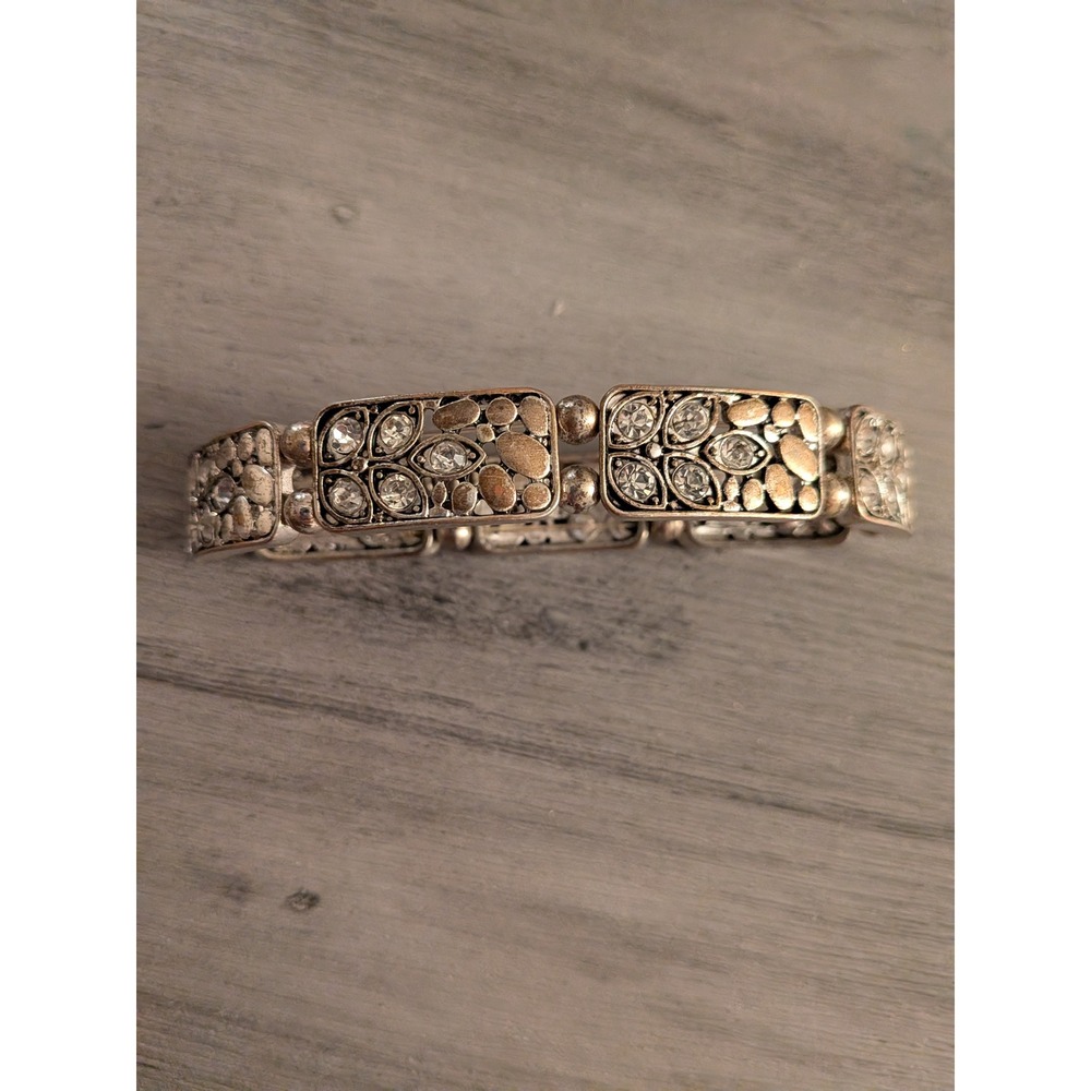 Vintage Style Antique Silver Tone Rhinestone Filigree Stretch Panel Bracelet